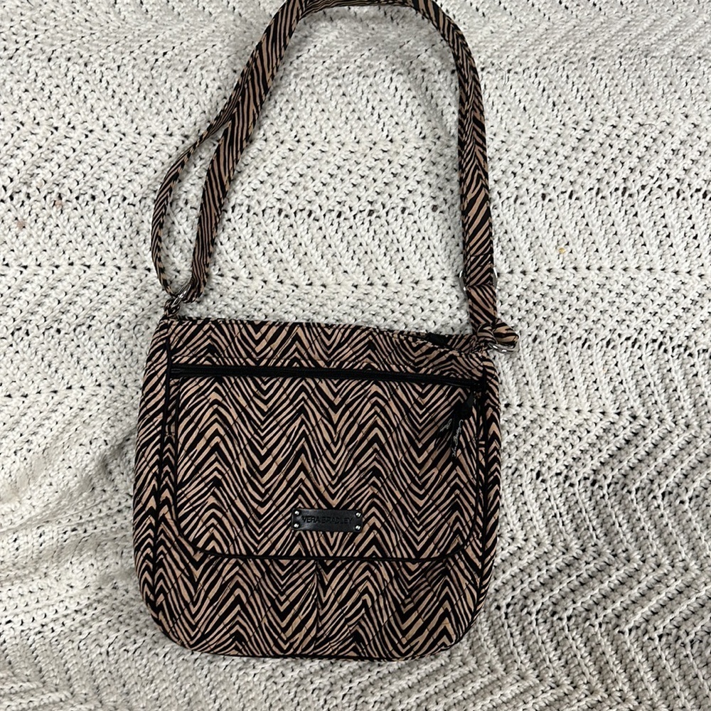Vera Bradley zebra / animal print mailman crossbody bag black brown double zip